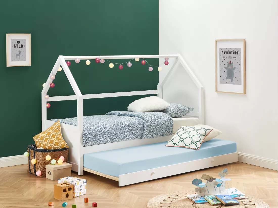 Lit gigogne cabane 2 x 90 x 190 cm - Pin - Blanc - HURRA