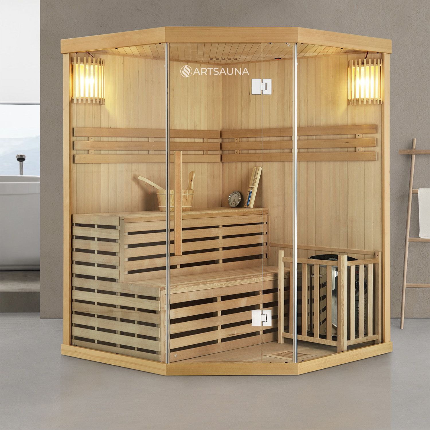 Artsauna Saunakabine Espoo150 Premium mit Harvia Ofen – 3 Personen – Hemlock Holz & Glasfront