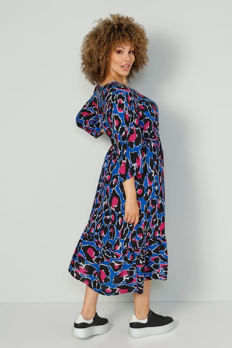 Midikleid, farbiger Druck, V-Ausschnitt, 3/4-Ärmel
