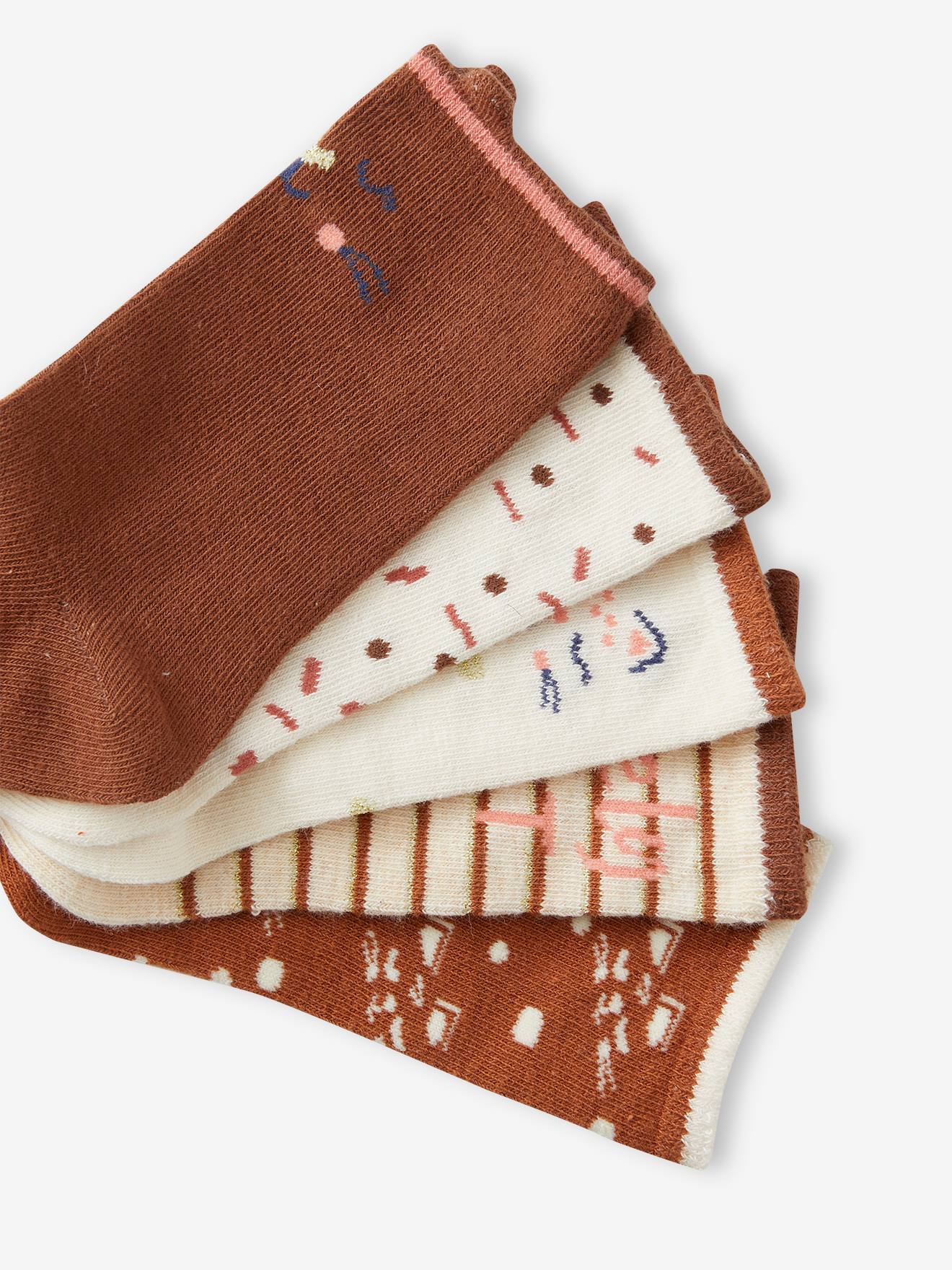 Pacote com 5 pares de meias de gato, tamanho infantil feminino, em dois tons de azul escuro/multicoloridas.