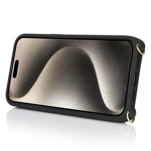 iPhone 14 Pro Necklace Leder Hülle mit Münzfach und Kartenfächer   Finger Griff Halterung   Handykette - Schwarz
