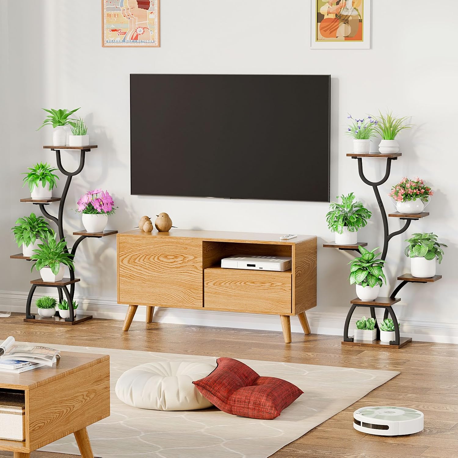 Pflanzenständer mit Wachstumslicht - 6 Ebenen Blumenständer Metall Holz Pflanzenregal - Innen & Außen Blumentreppe - Dekoratives Schwarz Blumenregal für Innen Garten Balkon 2 STÜCK