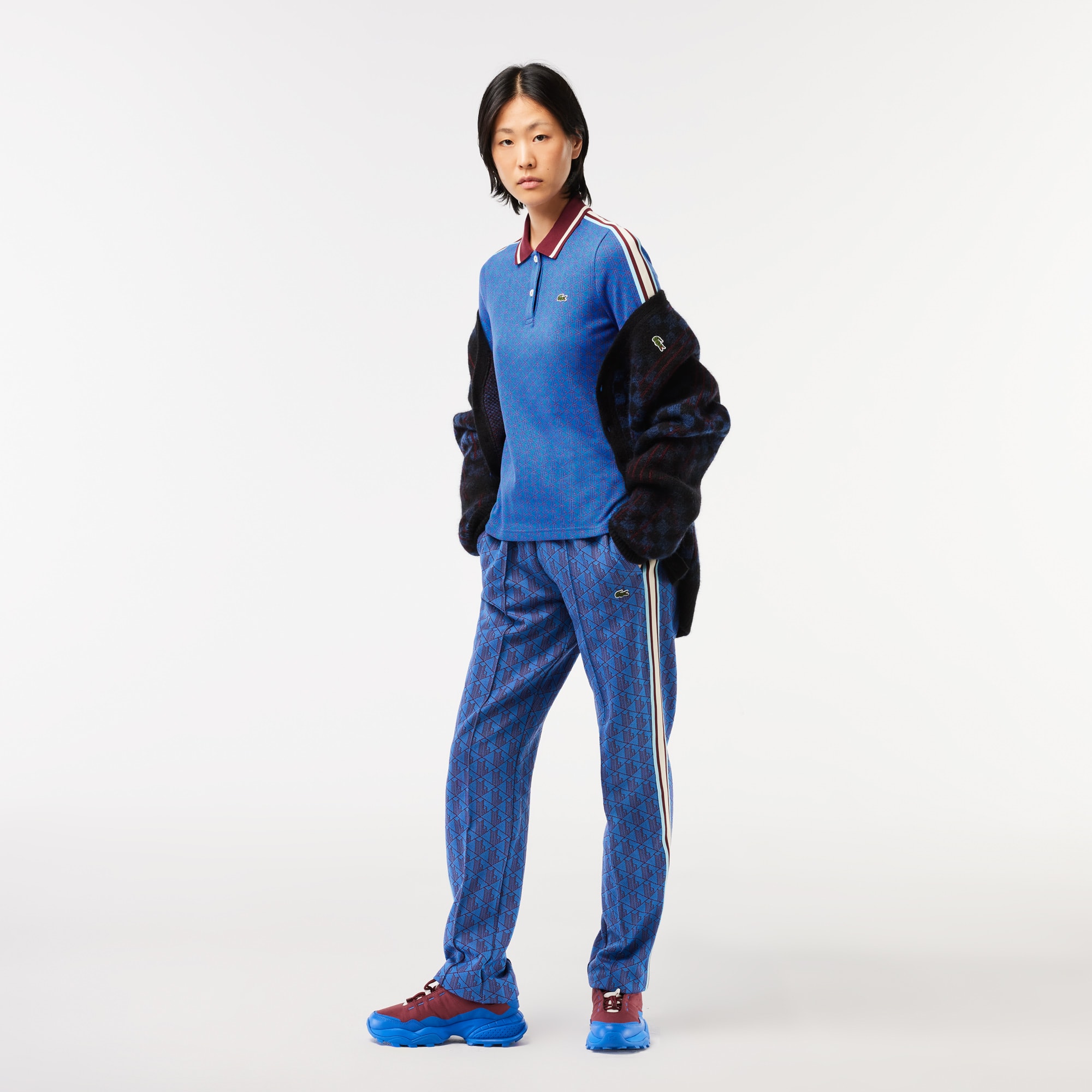 Polo slim fit jacquard monogramme Lacoste Manches Longues - Bleu - Lacoste - Femme