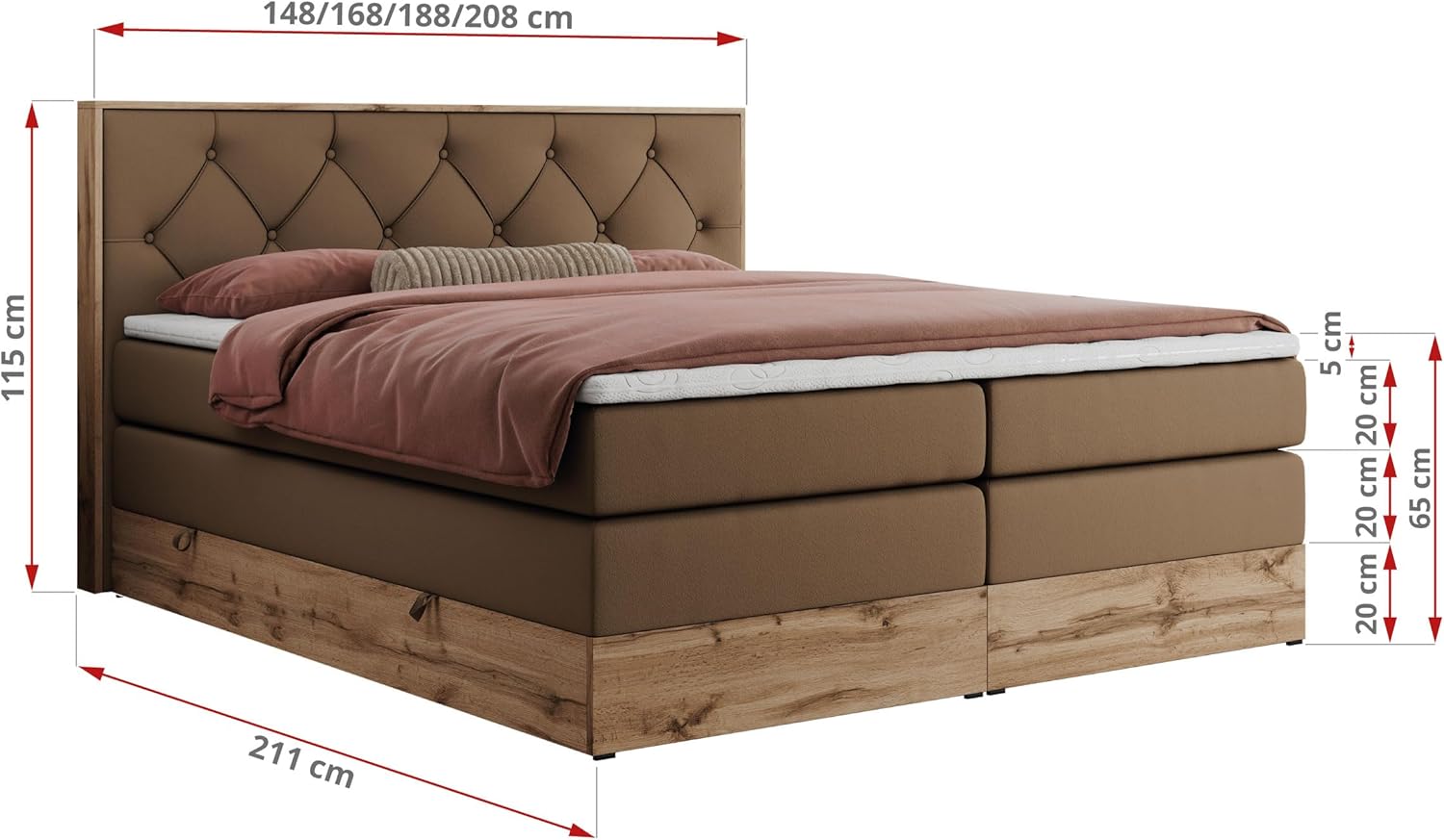MKS MEBLE King Boxspringbett 180x200 mit Kopfteil und Bettkasten, Polsterbett mit Matratze H3 und Topper Visco, Wotan Eiche Dekor - Braun Kunstleder - Veneto King