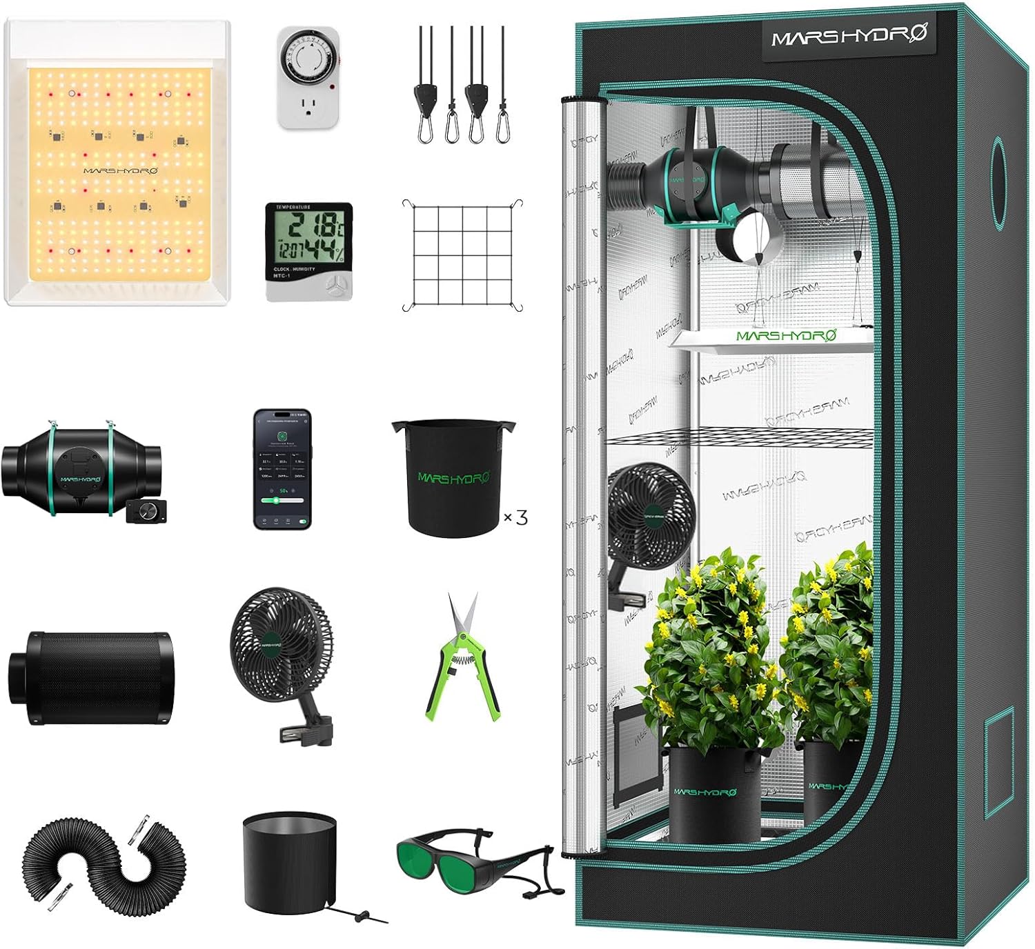 Mars Hydro TS600 Growzelt Komplettset Led Grow Tent Kit LED Grow Light Grow Lampe 60X60X140cm Indoor Grow Set, Growzelt Komplettset