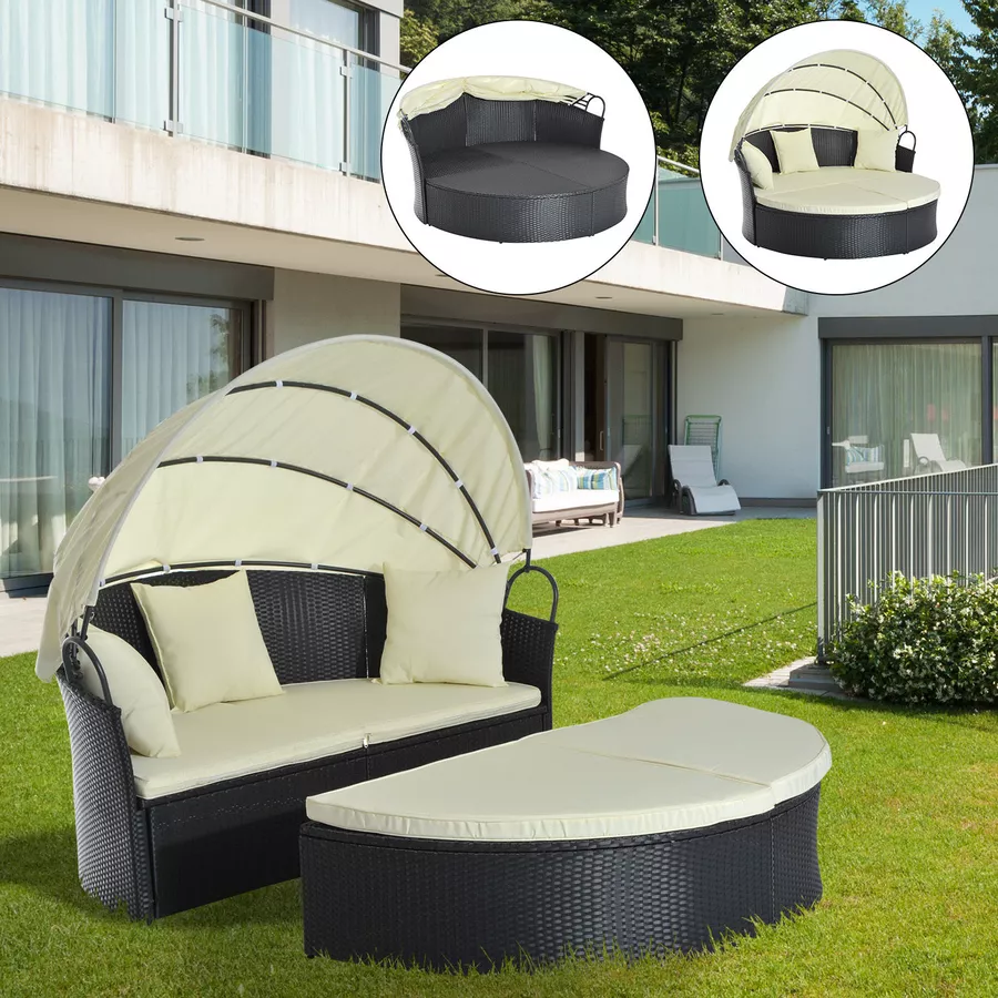 Outsunny Rattan-Sonneninsel inklusive faltbarem Dach schwarz, cremeweiß