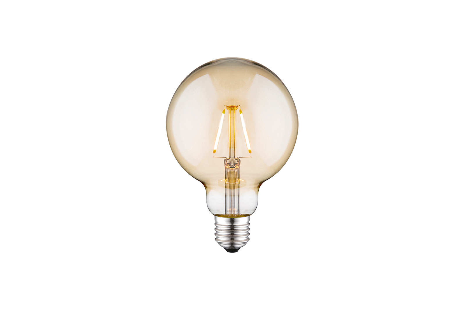Globe LED-dekorpære E27 Gyllent glass med E27-sokkel og rette lystråder med varmhvitt lys. Ikke dimbar. 80lm.\n