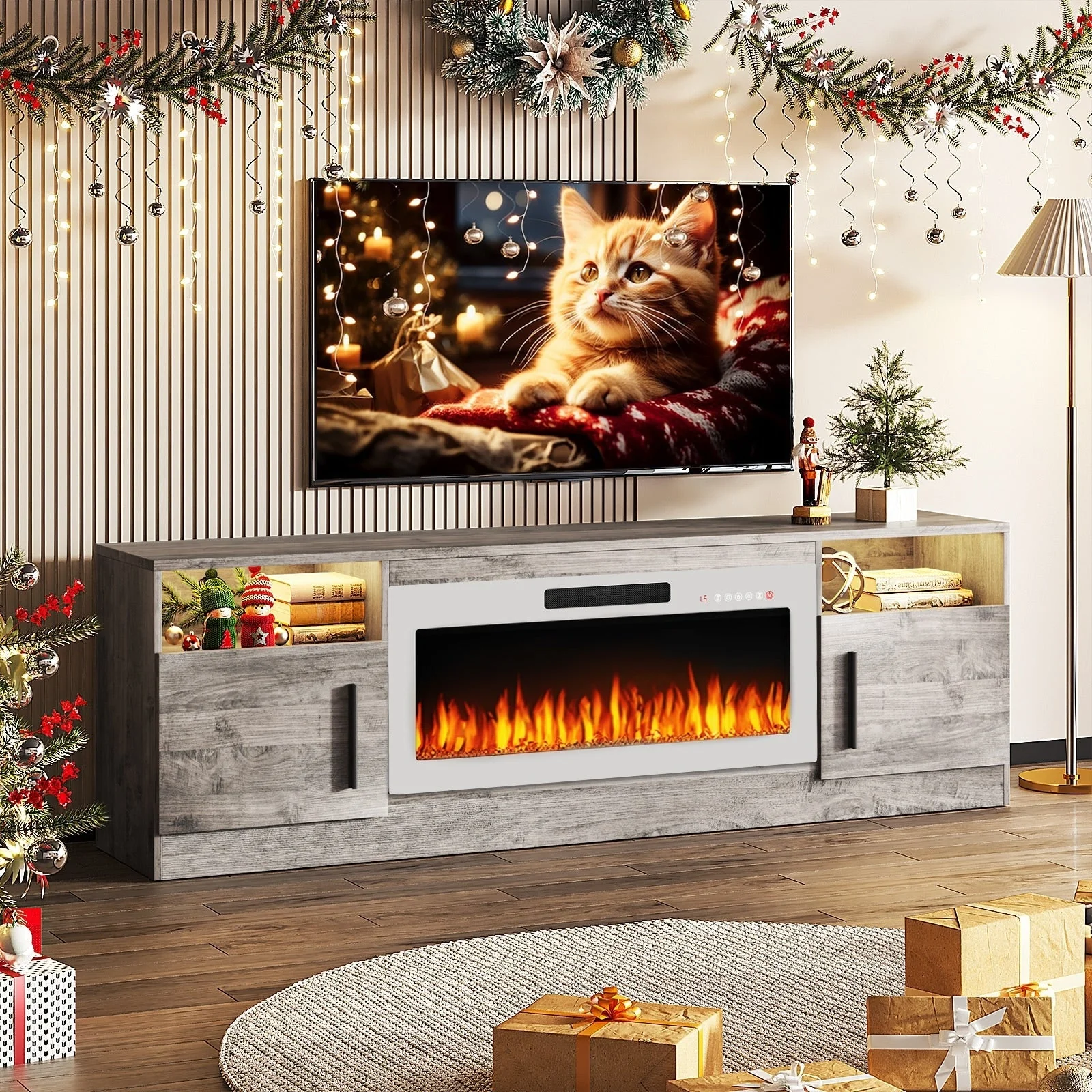 Bossin 70 Fireplace TV Stand with 36 Electric Fireplace, TV Stand for TVs Up to 80, 16 Colors LED Lights/Entertainment Center