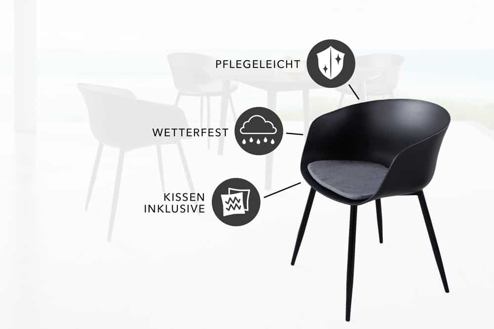 Moderner Stuhl DESIGNO schwarz Kunststoff Gartenstuhl mit Armlehnen Indoor Outdoor