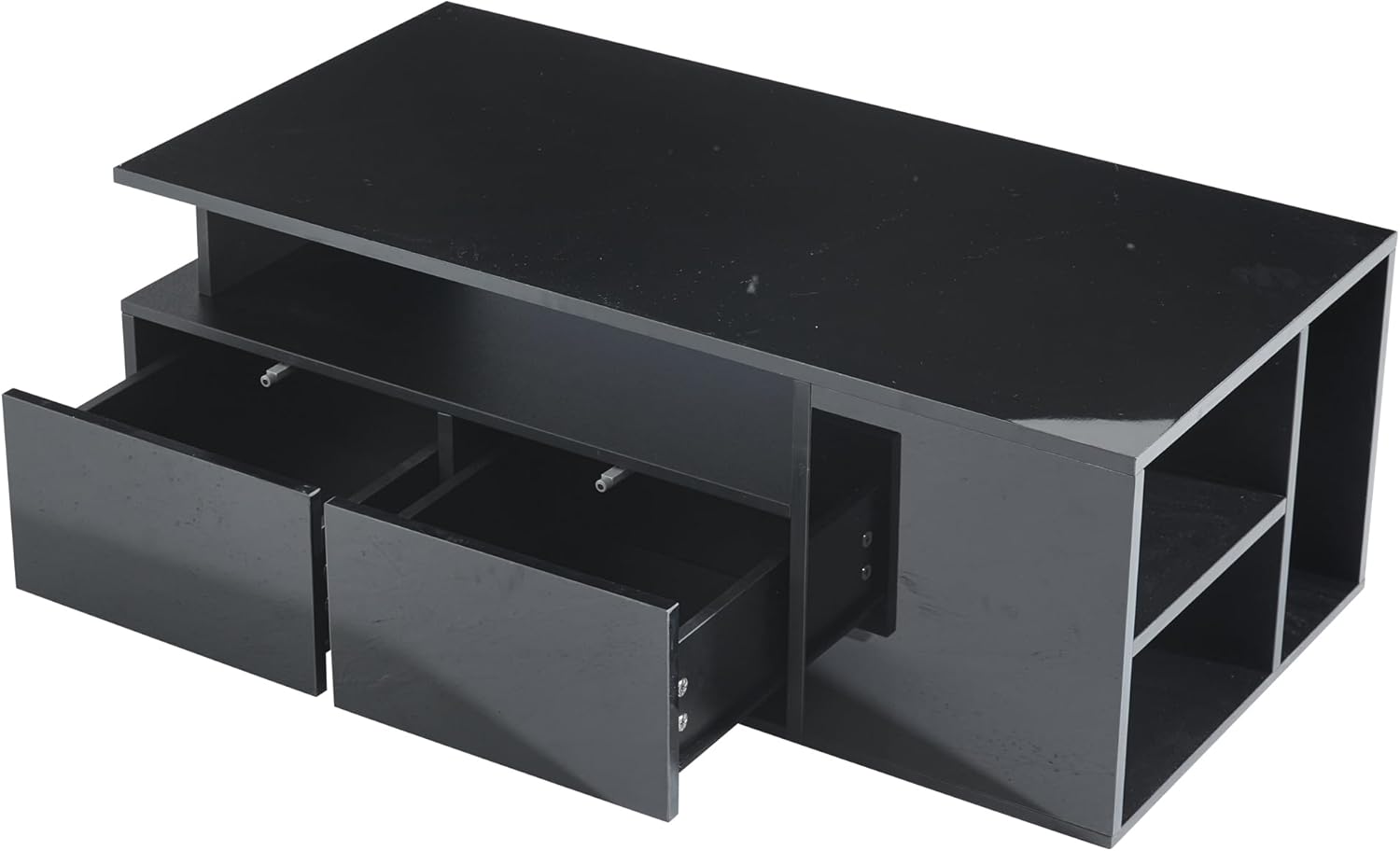BTM Couchtisch mit LED und Stauraum 100x50x35cm 60kg Tragkraft, 2 Schubladen und 3 Seitfächer App Steuerung, Schwarz Hochglanz