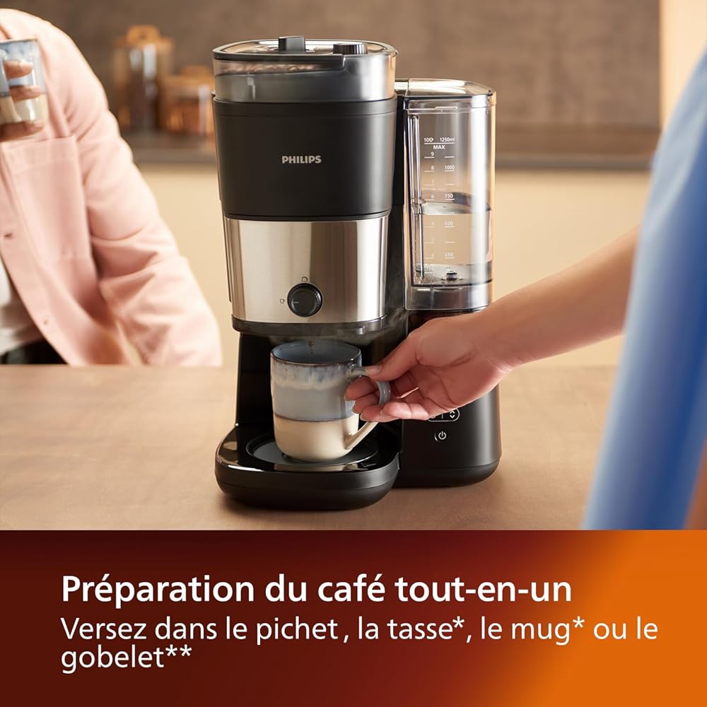 Philips Cafetière Filtre Tout-en-1 - Broyeur Conique Intégré pour des Grains Frais - Préparez dans un Pichet en Verre de 1,25 l ou Directement dans une Tasse : Cuisine et Maison