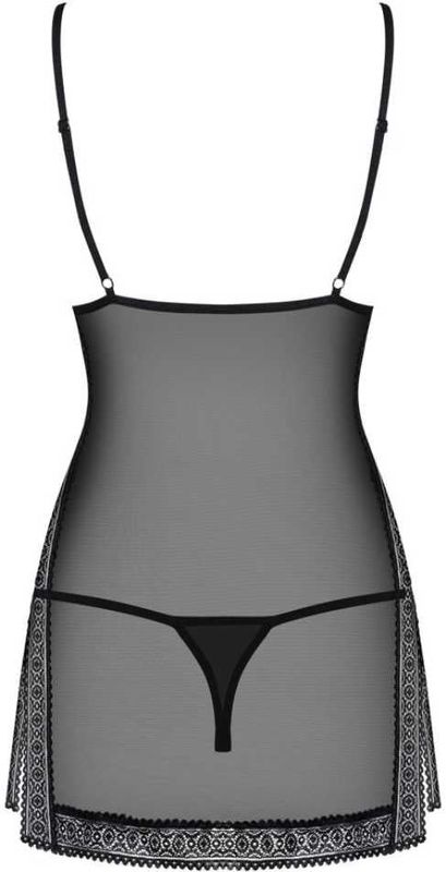 Obsessive Jurk van Netstof met Gedecoreerde Buste Inclusief String – Maat S/M – Zwart
