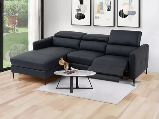 Canapé d'angle gauche relax électrique en cuir noir FUSETA