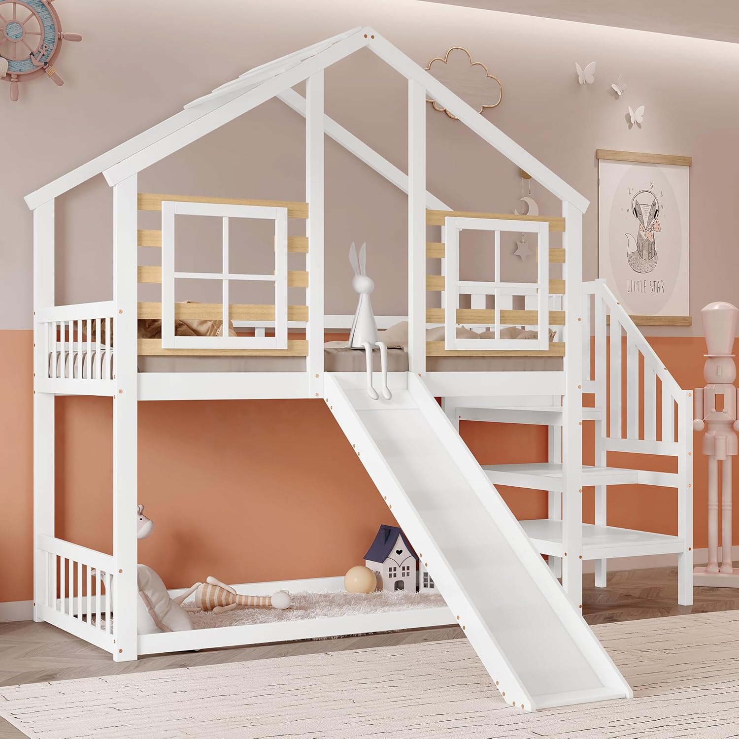 Hochbett Kinderbett 90x200 cm mit Rausfallschutz und Rutsche, Hausbett mit Freiraum unter dem Bett, Etagenbett mit Treppe und Fenster, Holzbett Bettgestell mit Lattenrost, Weiß, Ohne Matratze