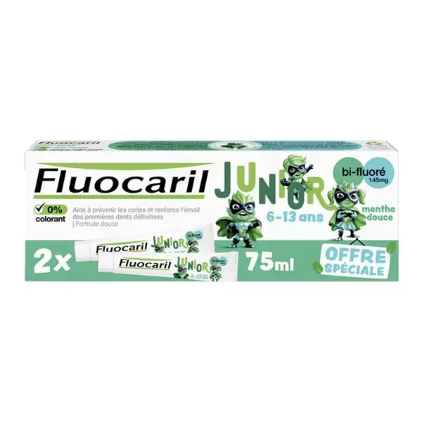 Fluocaril Junior, Pasta de dentes para crianças de 6 a 12 anos, menta suave, 2 x 75 ml