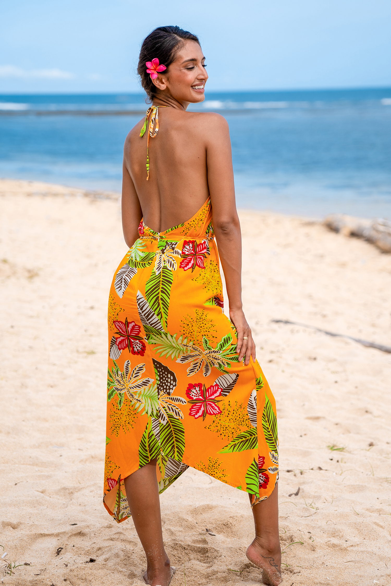 Robe midi asymétrique tropicale orange