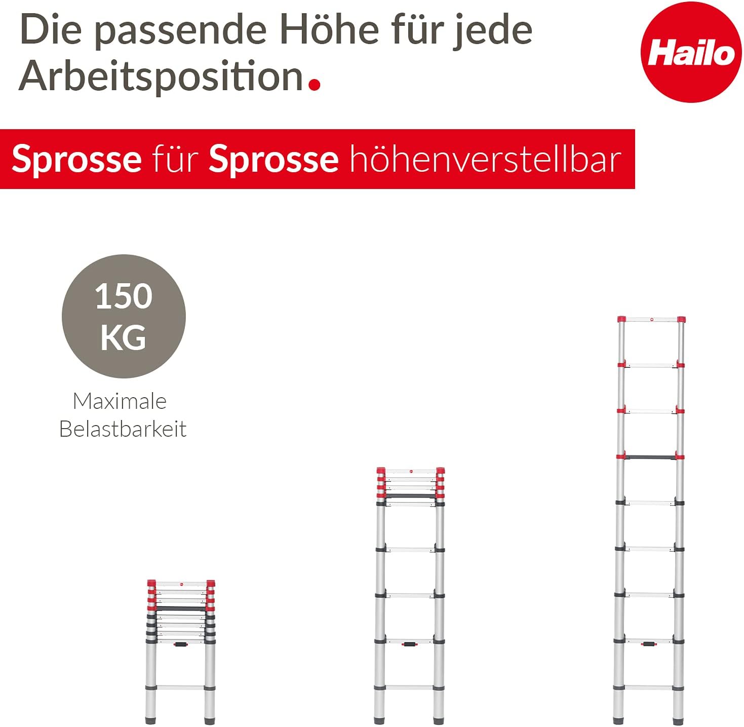 Hailo T80 FlexLine Alu-Sicherheits-Teleskopleiter - ausziehbare Anlegeleiter mit 9 Sprossen - Arbeitshöhe bis 340 cm - Gewicht 8,1 kg - Silber