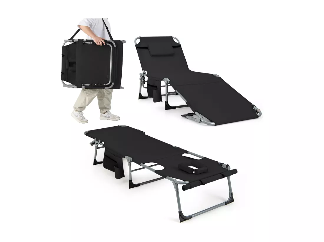Bain de Soleil en Aluminium avec Dossier Réglable, Chaise Longue Pliante avec Oreiller Amovible et Trou pour Visage, Transat avec Poche Latérale, pour Jardin, Plage, Charge 180KG (Noir)