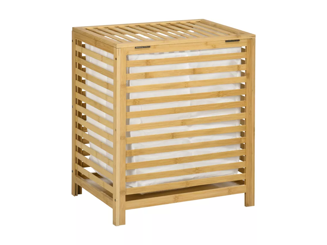 Panier à linge - sac en tissu amovible, couvercle - dim. 50L x 36l x 60H - bois bambou verni
