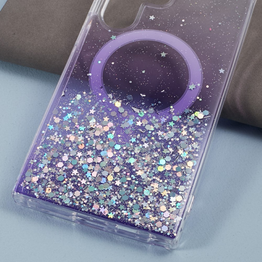 Samsung Galaxy S24 Ultra Hülle mit Acryl Rückseite und Farbverlauf im Glitzer Design MagSafe-Modul - Lila