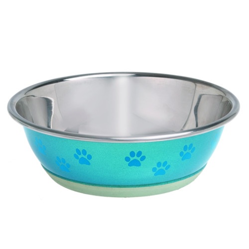 Alimentador de animais de estimação em forma de flamingo azul com pegadas.