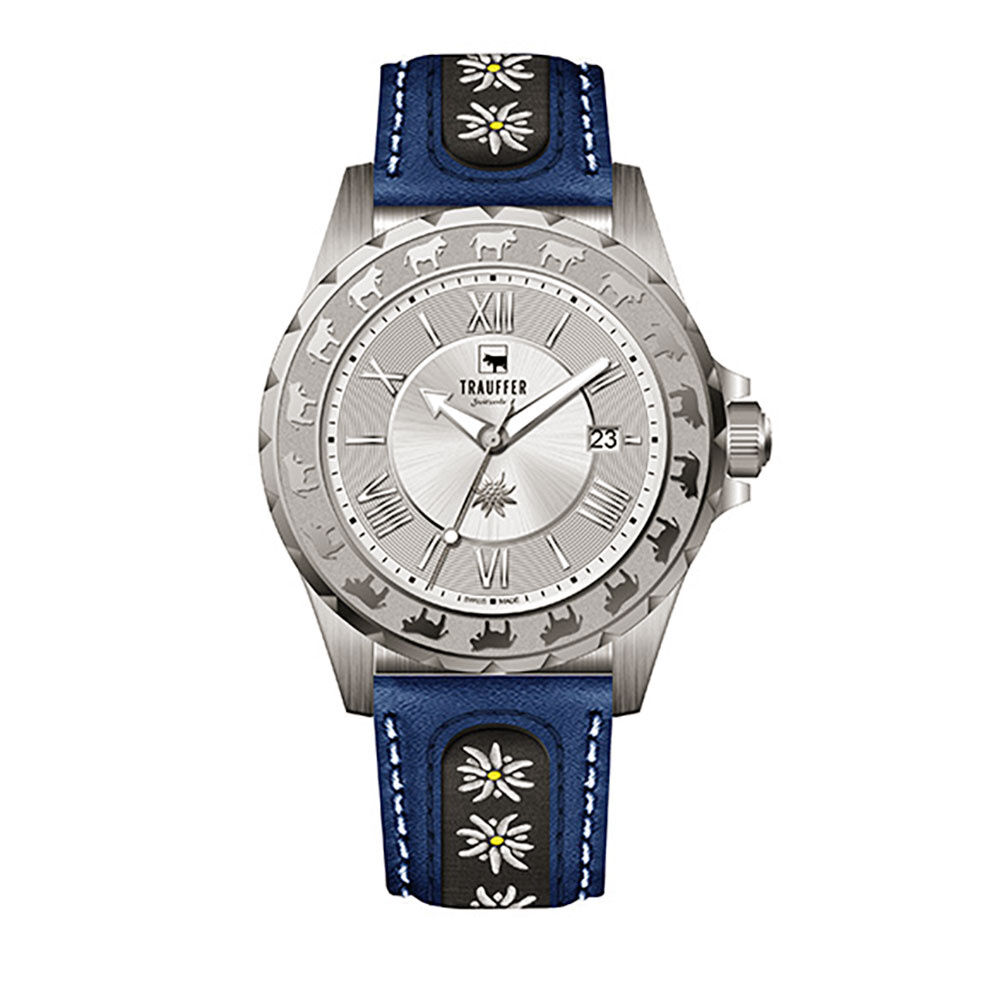 Trauffer Herrenuhr mit PU-Lederband mit Edelweiss blau