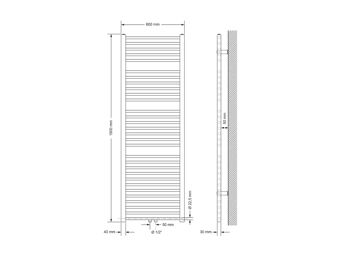 Radiateur sèche-serviette salle de bain droite blanc connexion central 60x180 cm