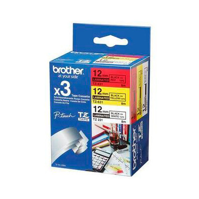 Brother P-Touch Band TZe-31M3, 12 mm, schwarz auf weiss/gelb/rot