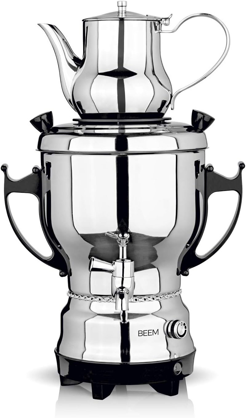 BEEM TEA-CLASSIC Samowar - 3L | Edelstahl / Schwarz | großer Teekocher auch für Gastrobetriebe | Mit Edelstahl-Ablasshahn | Stufenlos einstellbarer Temperaturregler | Mit 1 L Teekanne