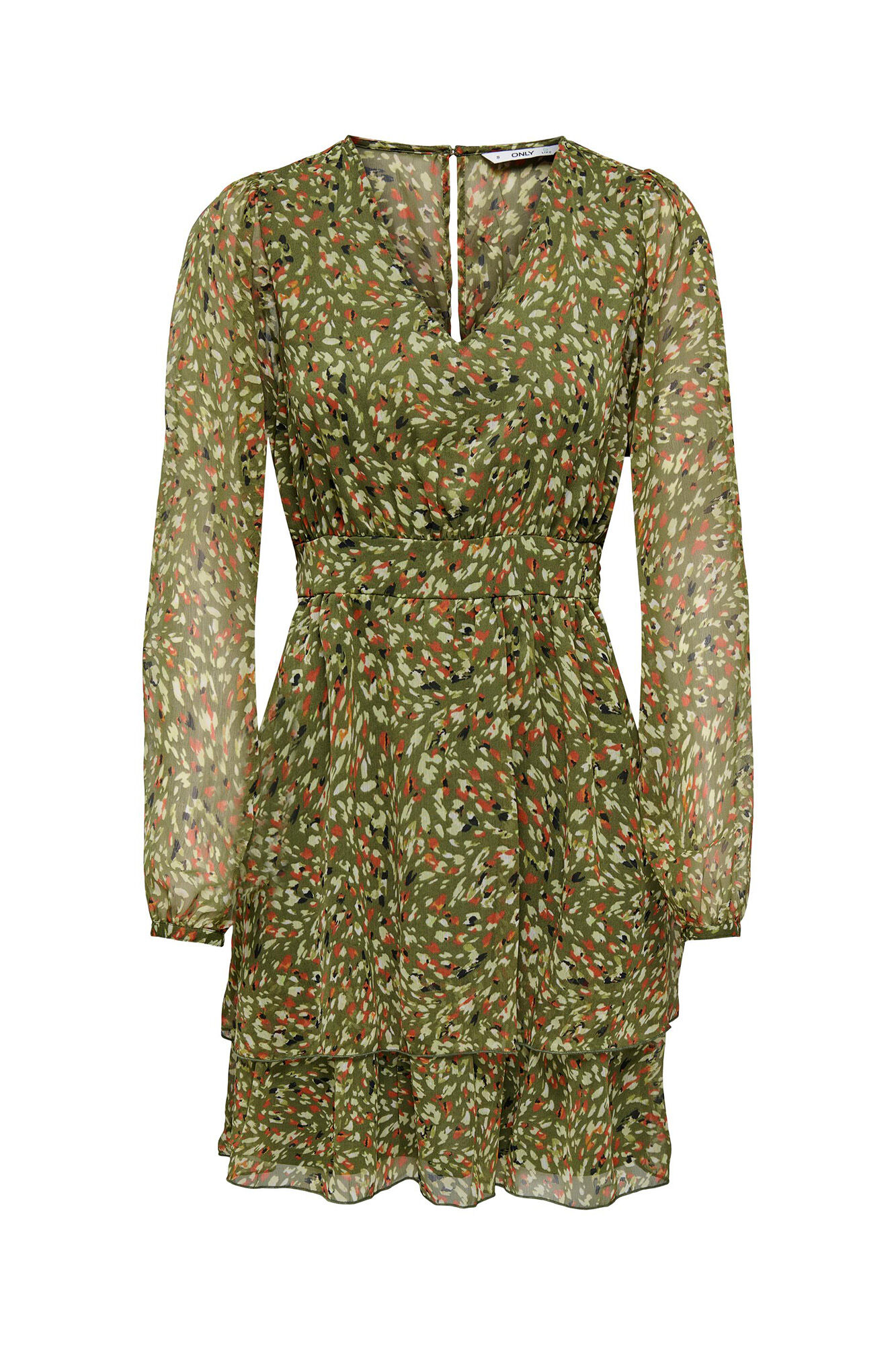 Vestido curto com mangas compridas e estampa.