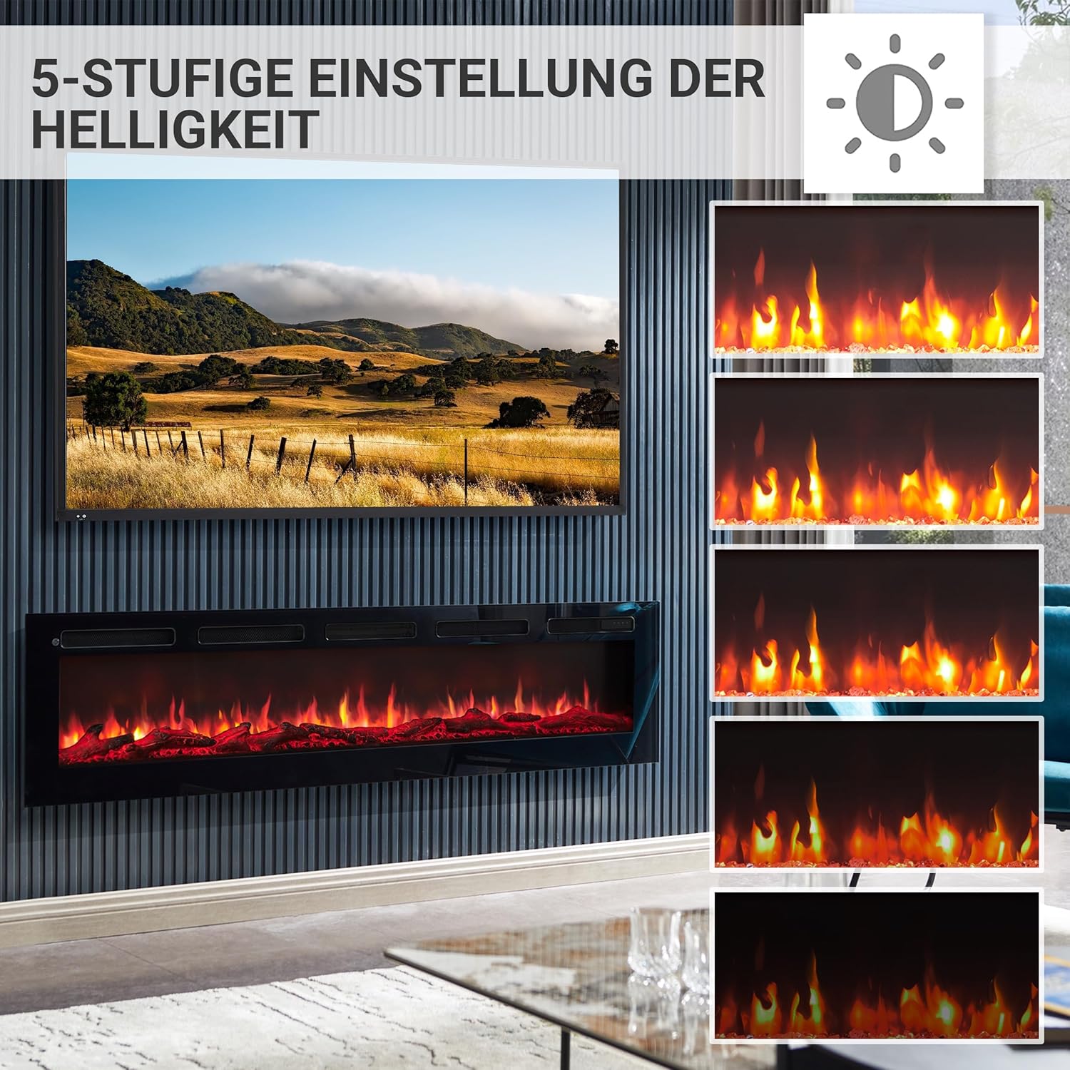 BALDERIA Elektrokamin Leif 70'' | Elektrischer Wand- oder Einbaukamin 3D-Flammeneffekt | Elektro Heizung 1800W | Kamin mit Fernbedienung, Startsteuerung, Timer & Thermostat | Schwarz