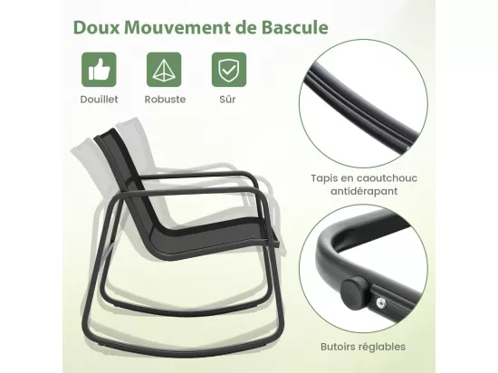 Salon de Jardin 3 Pièces avec Chaises à Bascule Table en Verre, Ensemble de Meuble Extérieur 2 Fauteuils Cadre Métallique Charge 150KG, pour Porche Bord de Piscine Balcon