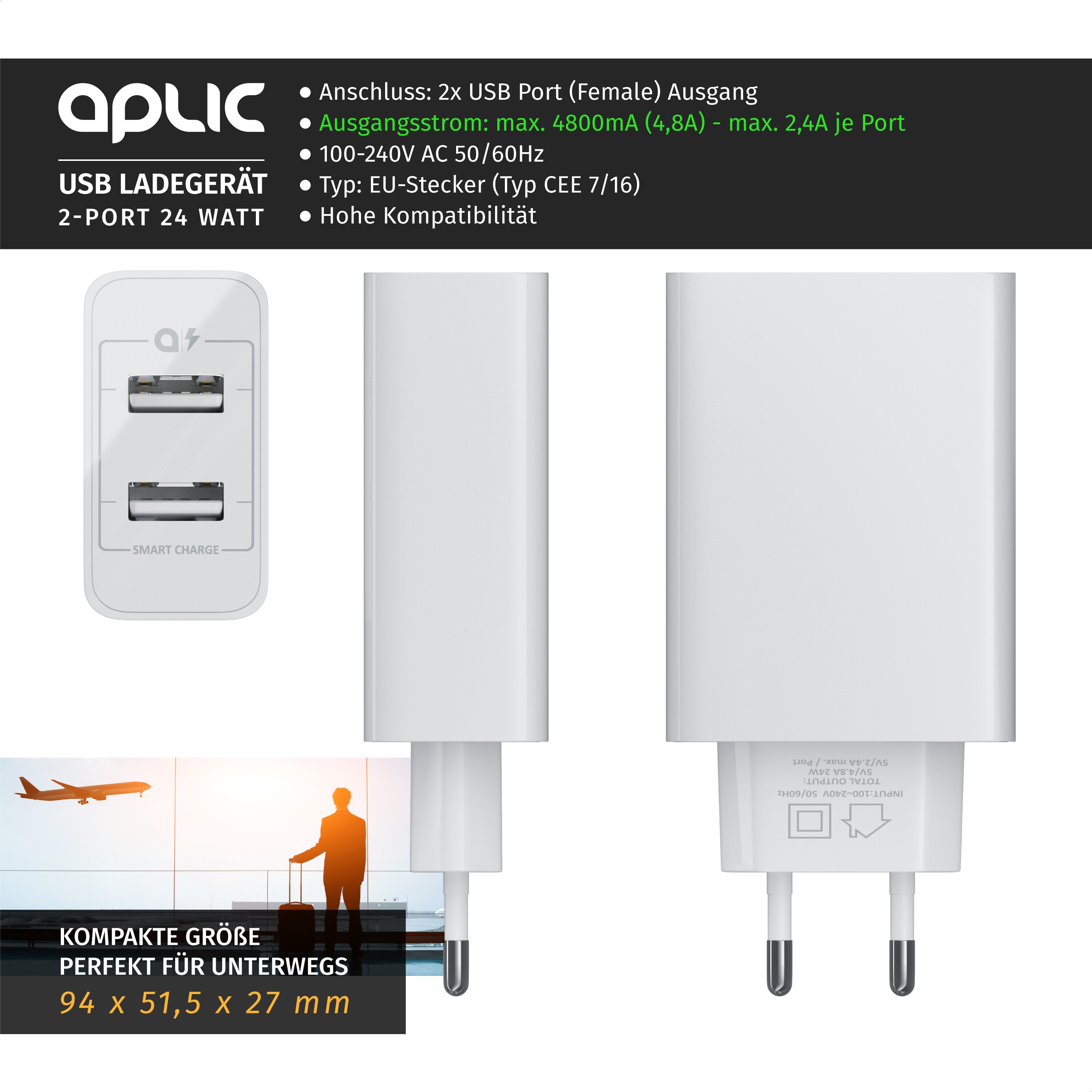 Aplic USB-Ladegerät 4800 mA, 2 Port Nezteil mit Smart Charge + Solid Charge, Leistungsstarke 24W