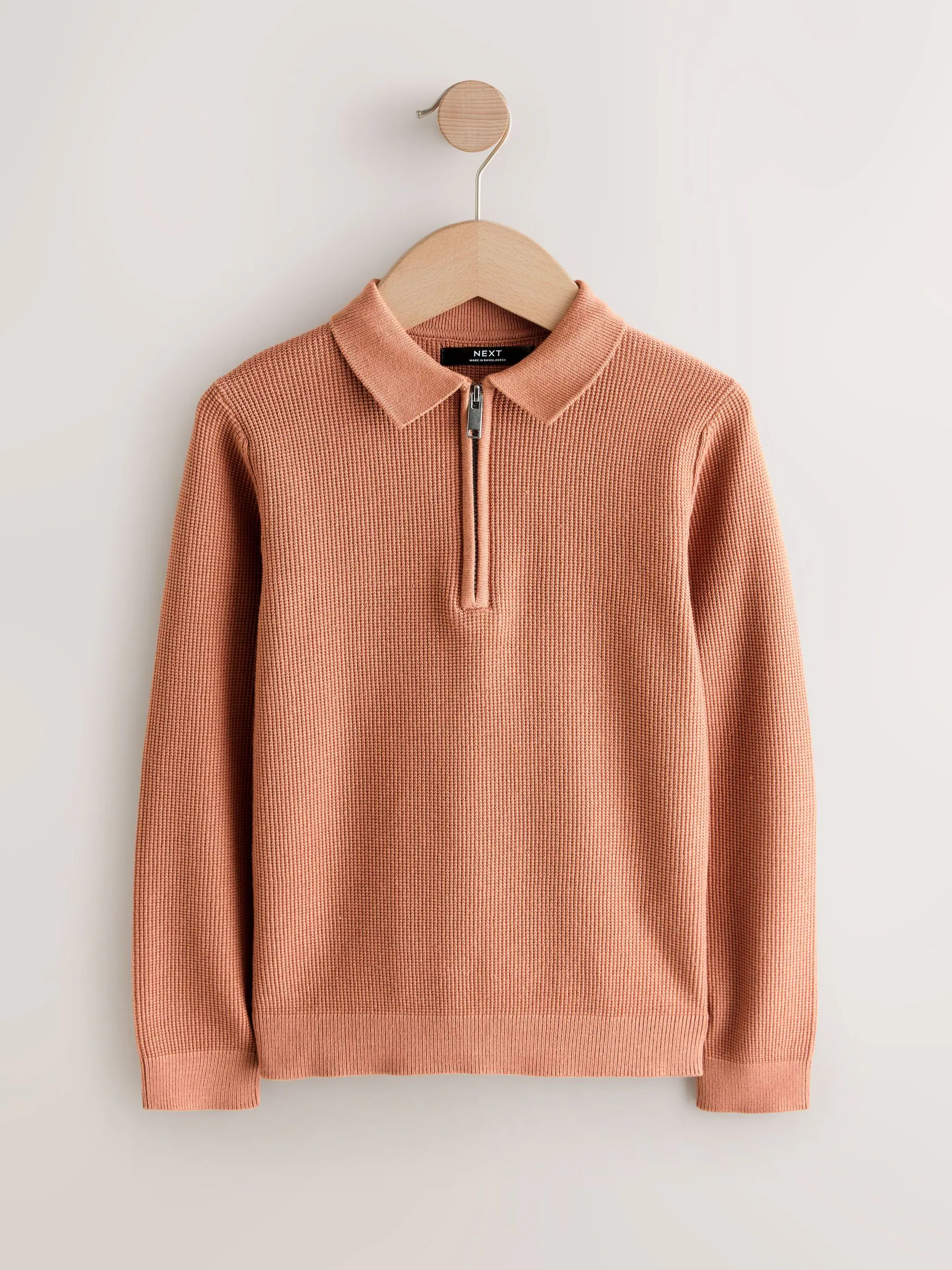 Roestbruin - Gebreid poloshirt met rits bij de hals en lange mouwen (3-16jr)