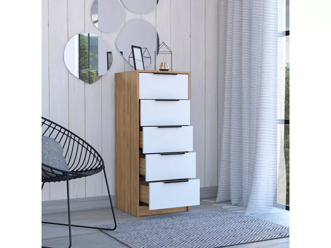 Coffre à 5 tiroirs Kaia, avec poignées en métal , 107.69 cm X 44.95 cm X 41.14 cm , White / Honey
