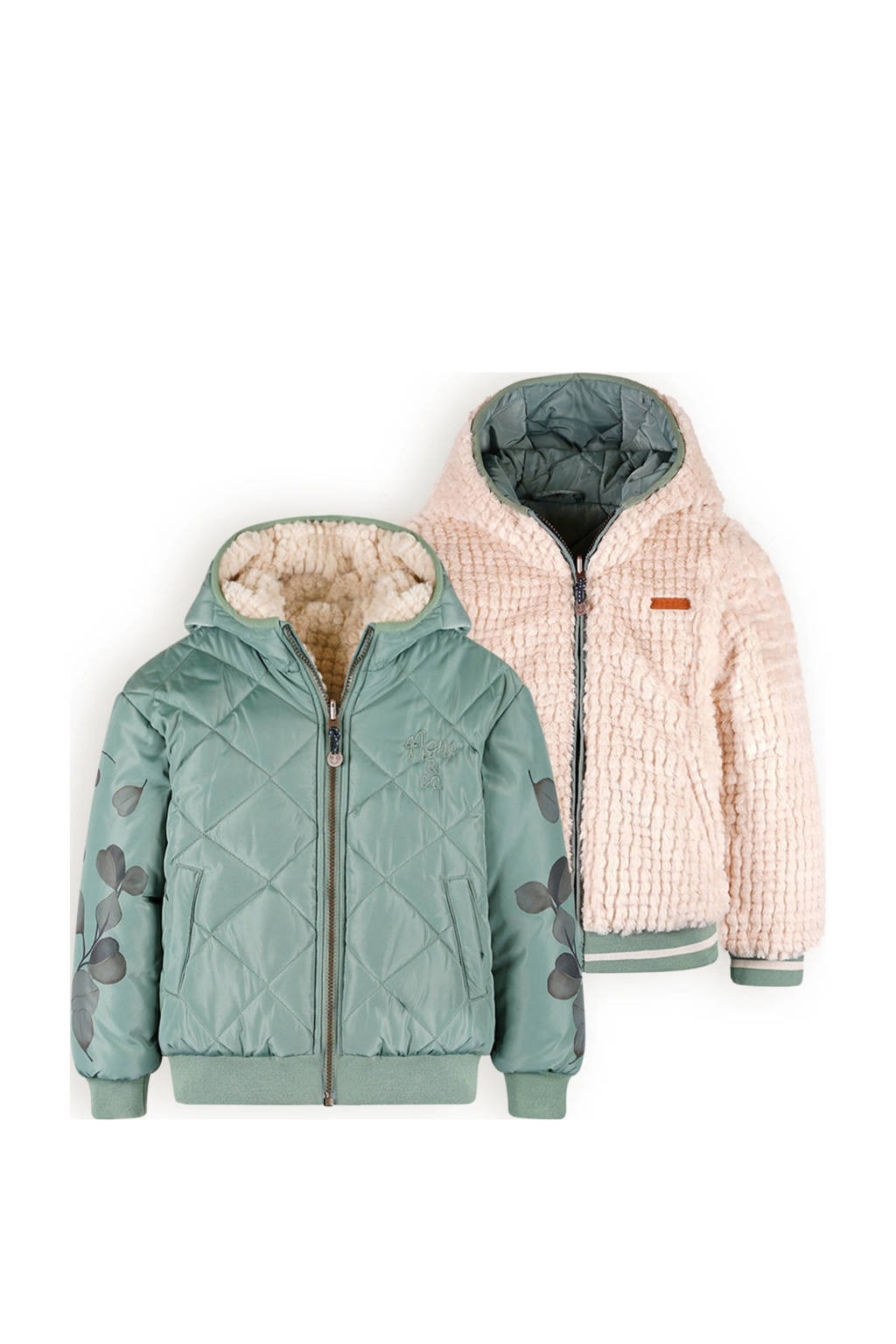 NONO reversible gewatteerde winterjas Bomby met bladprint lichtgroen/beige