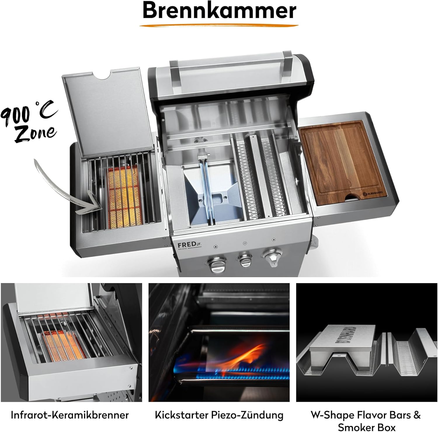 BURNHARD® Gasgrill 2-Brenner 900°C Infrarot-Keramikbrenner, Gusseisen-Grillrost, Edelstahl Grillwagen, klappbare Seitentische, Grillabdeckung – FRED Jr. Deluxe