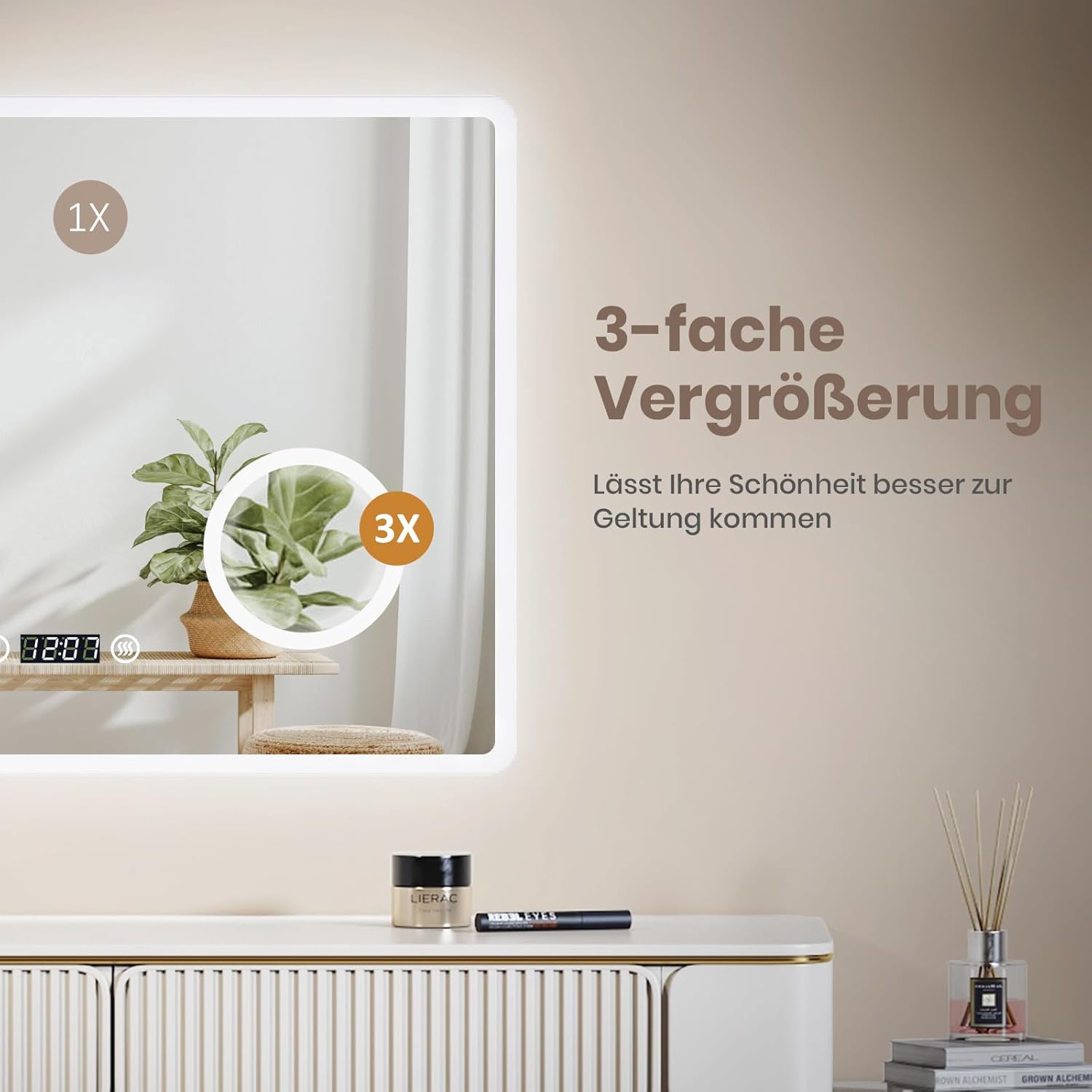 EMKE® 7 in 1 LED Badspiegel 80x60cm Badspiegel mit Beleuchtung 3000K/4000K/6500K Touch+Dimmbar+Beschlagfrei+3X Kosmetikspiegel+Digitaluhr Energiesparend IP44 Einfach Installation Badezimmerspiegel