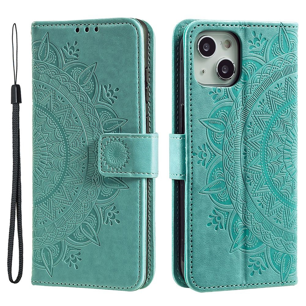 iPhone 15 Leder Tasche Wallet - Mandala Flowers Imprint - Türkis