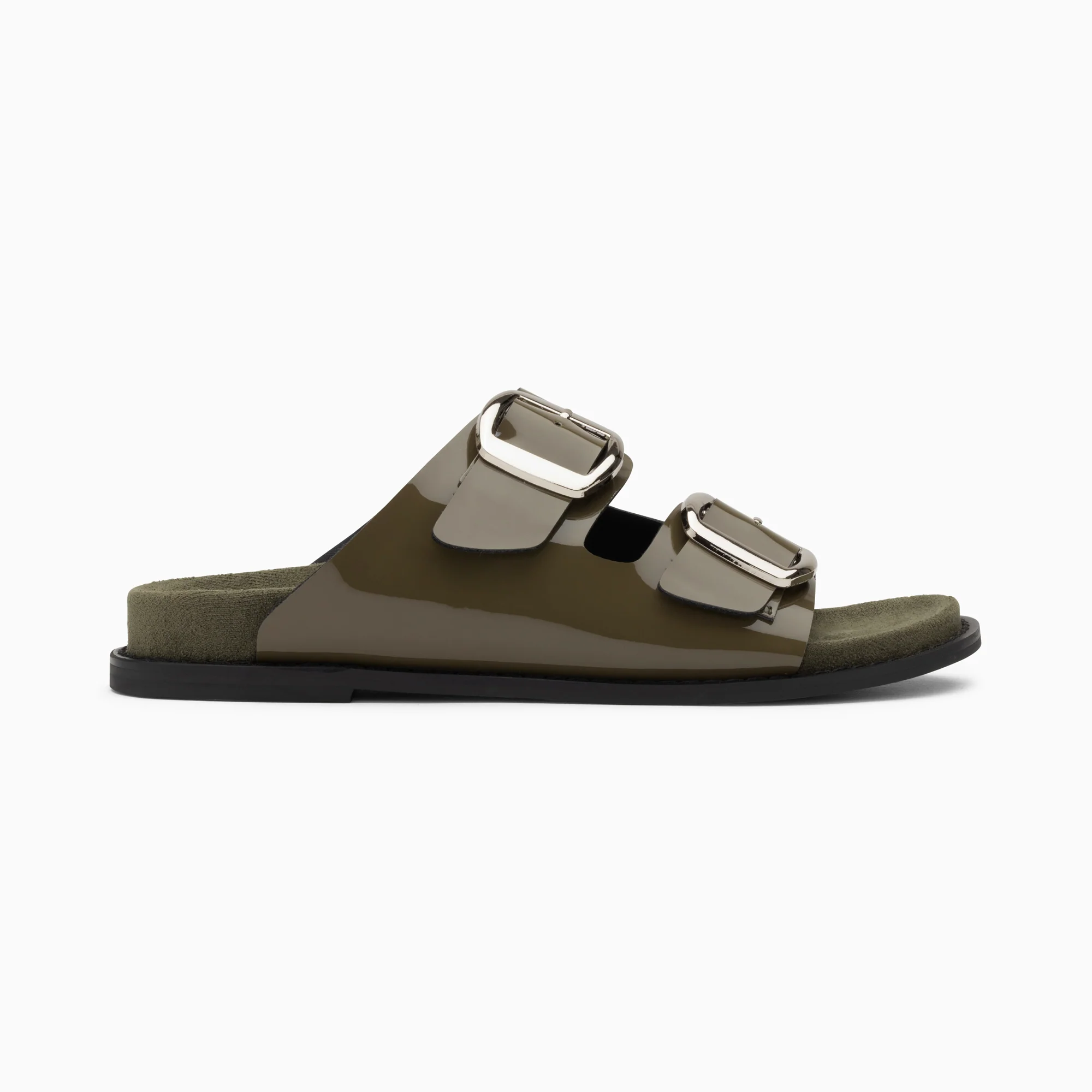 Sandales plates-Mules plates Célia kaki verni à boucles oversize