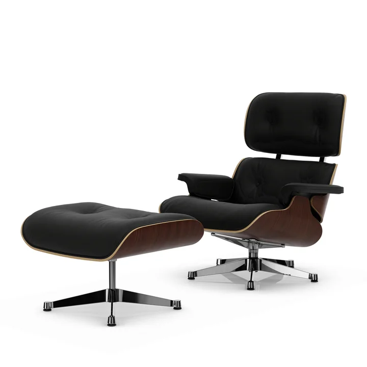 Vitra - Lounge Chair & Ottoman, poliert, Nussbaum dunkel, Leder Premium F, nero (neue Masse)
