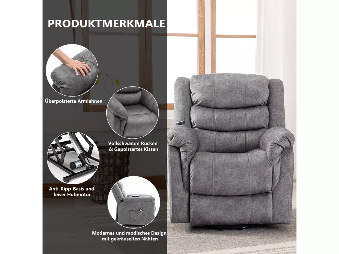 Fauteuil massant en tissu - Fauteuil électrique inclinable avec repose-pied - Gris