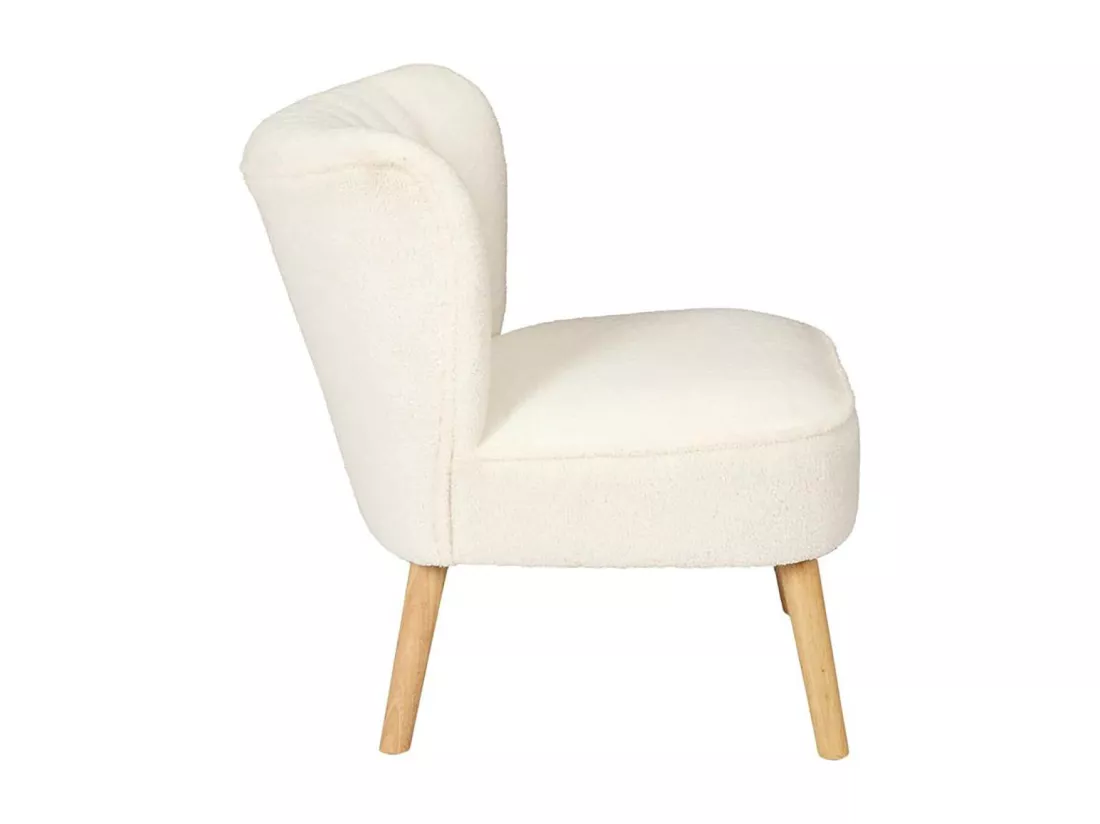 KELIOS - Fauteuil en Tissu Bouclettes Blanc Pieds Bois Naturel