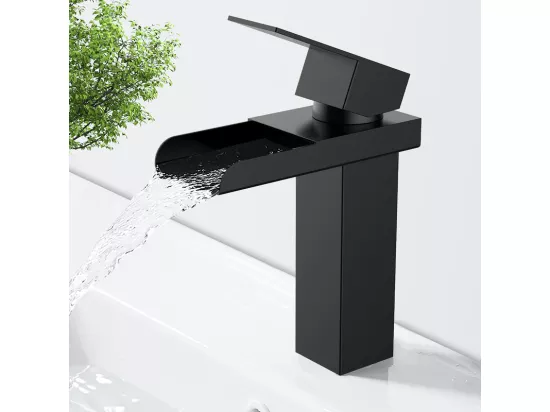 Robinet de Lavabo Cascade Mitigeur de Lavabo Mono-trou Robinetterie Lave-mains Monocommande en Acier Inox Robinet Salle de Bain Noir