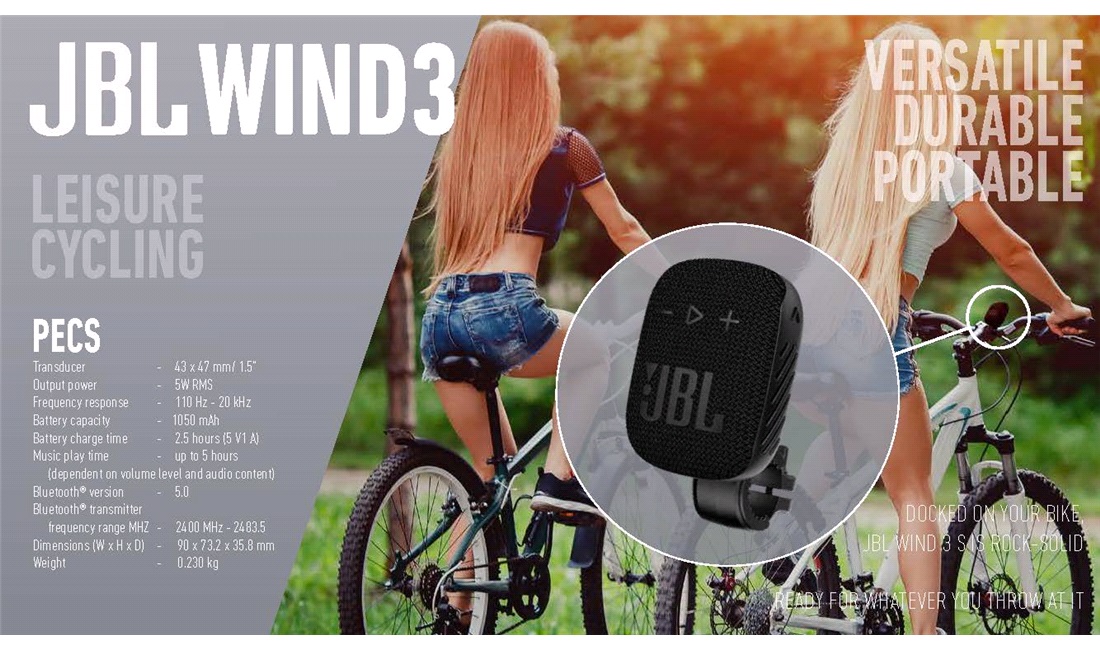 JBL Wind 3S Vandtæt Bluetooth højttaler inkl. beslag til styr.