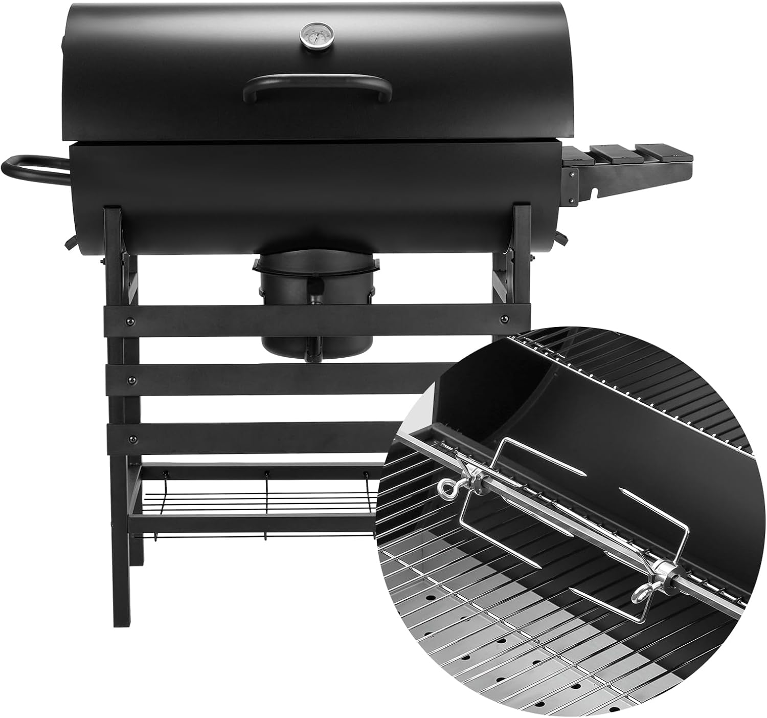 TEENO Grillwagen aus Holz, XXL-Kohlegrill mit Deckel, Thermometer, Ascheschublade, Verbrühungsschutz, verstellbare Belüftung, großer Holzkohlegrill (mit Chicken Grill)