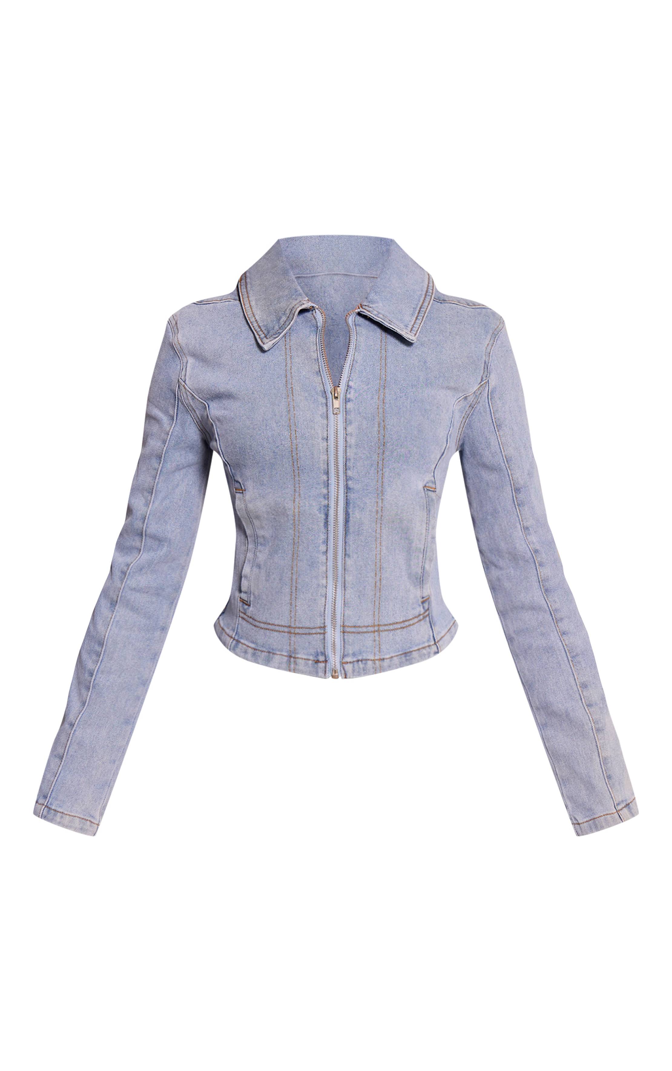Bleu Clair Veste En Jean Ajustée À Fermeture Éclair Petite Taille