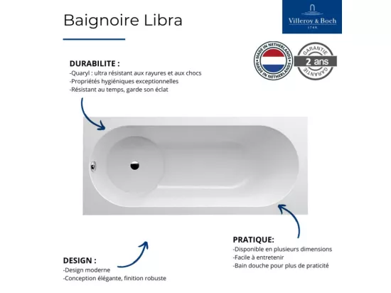 Baignoire bain douche 180 X 80 VILLEROY ET BOCH Libra quaryl