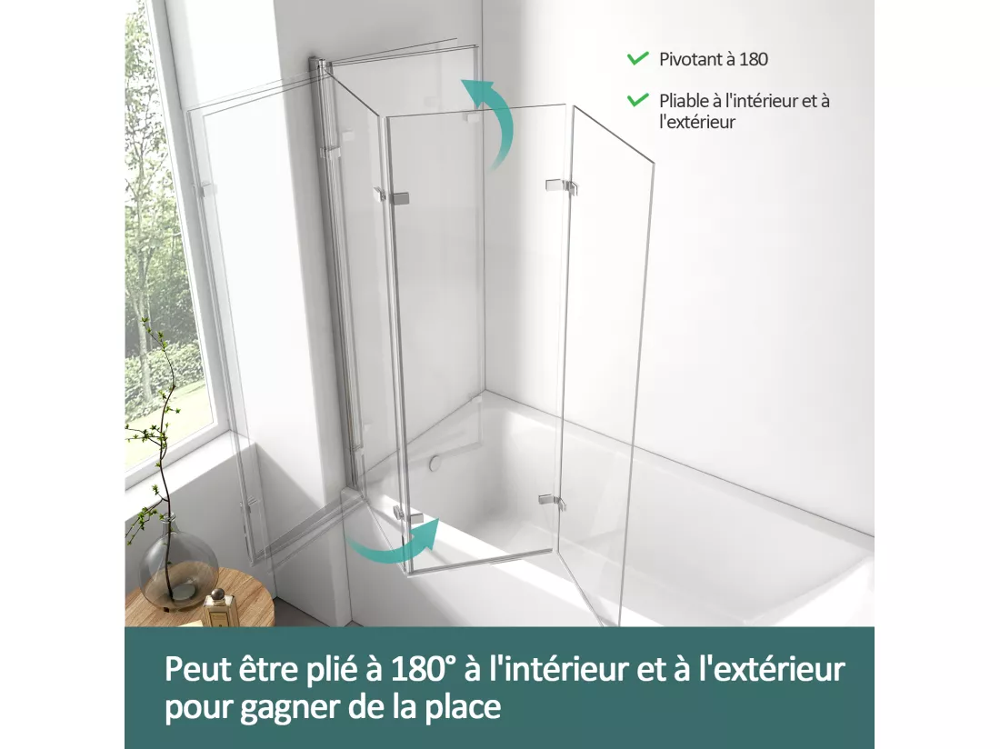 EMKE Pare de baignoire en 6 mm verre securit Paroi de douche pliable pour baignoire - 120 x 140 cm - Revêtement Nano facile à nettoyer Modèle 2