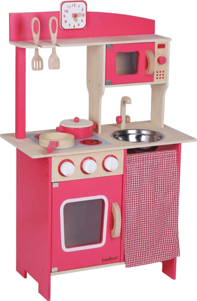 SpielMaus Holz Holzküche rot, mit Zubehör, 5-teilig, Kaufläden & Zubehör, ca. 55x30x86,8 cm, ab 3 Jahren